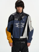 BLINDNOPLAN Color Blocked Faux Leather Biker Jacket in Black - On Male Model
