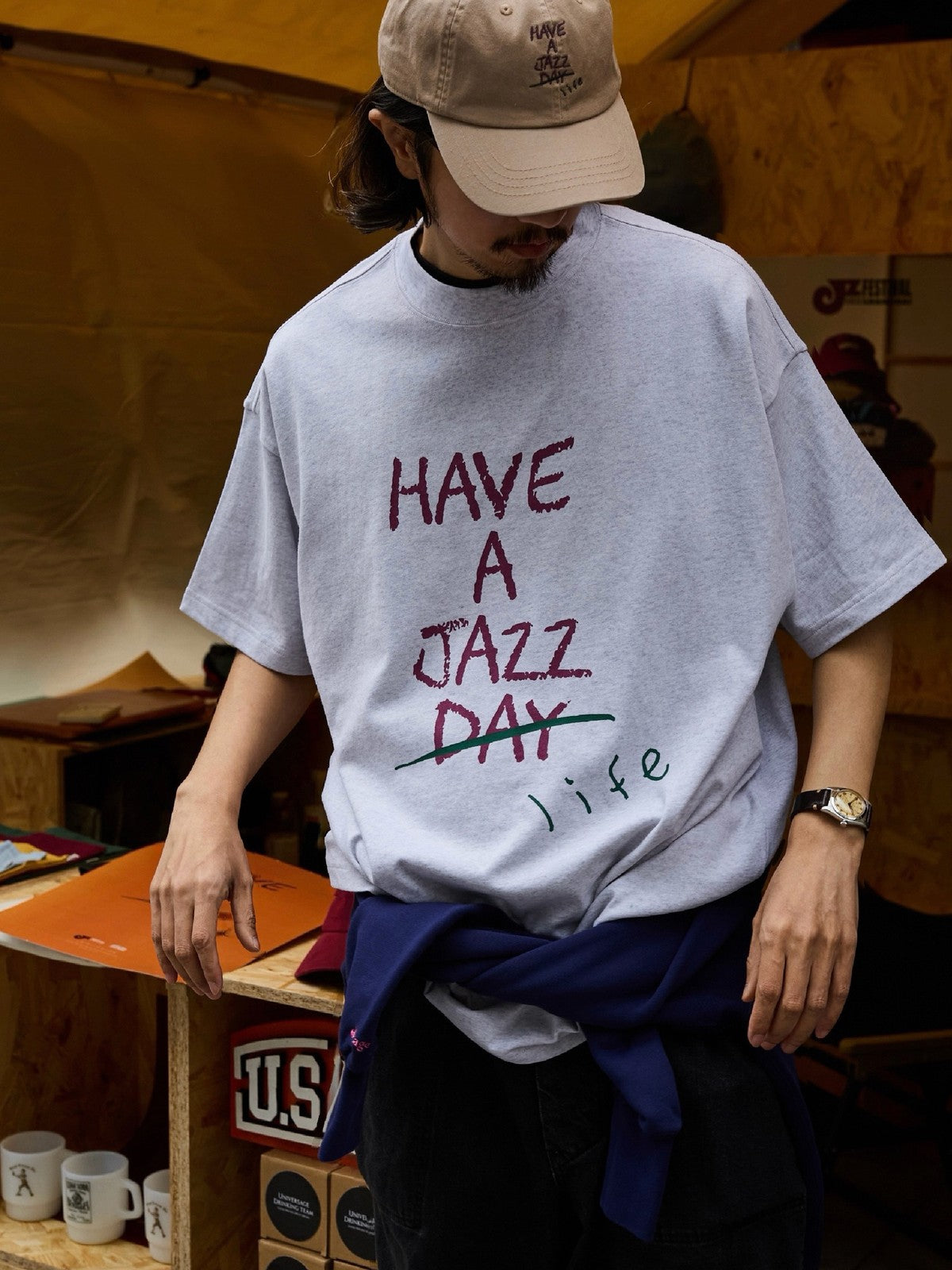 USAGE JZ Festival Graphic Cotton T Shirt in Heather Gray - On Male Model