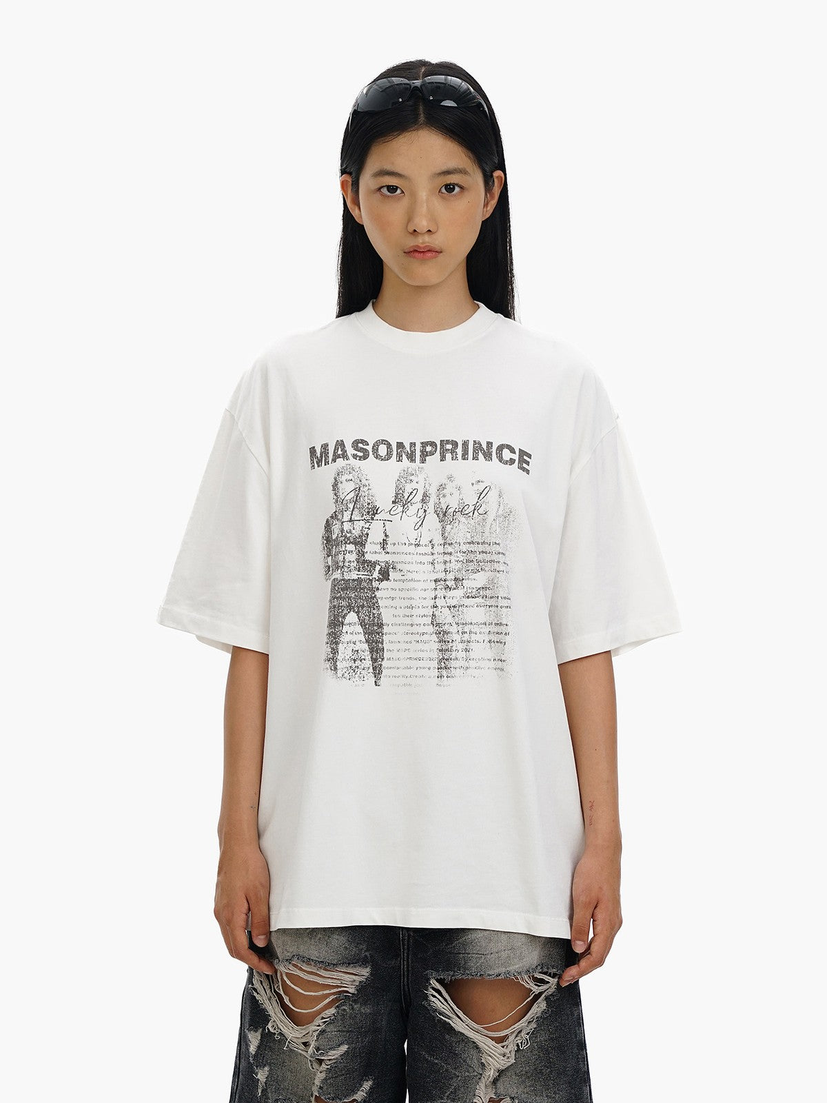 MASONPRINCE Vintage Wash Graphic Cotton T Shirt in White - On Female Model