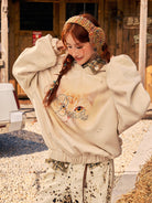 BEERBRO Distressed Cat Graphic Hoodie in Cream - On Female Model