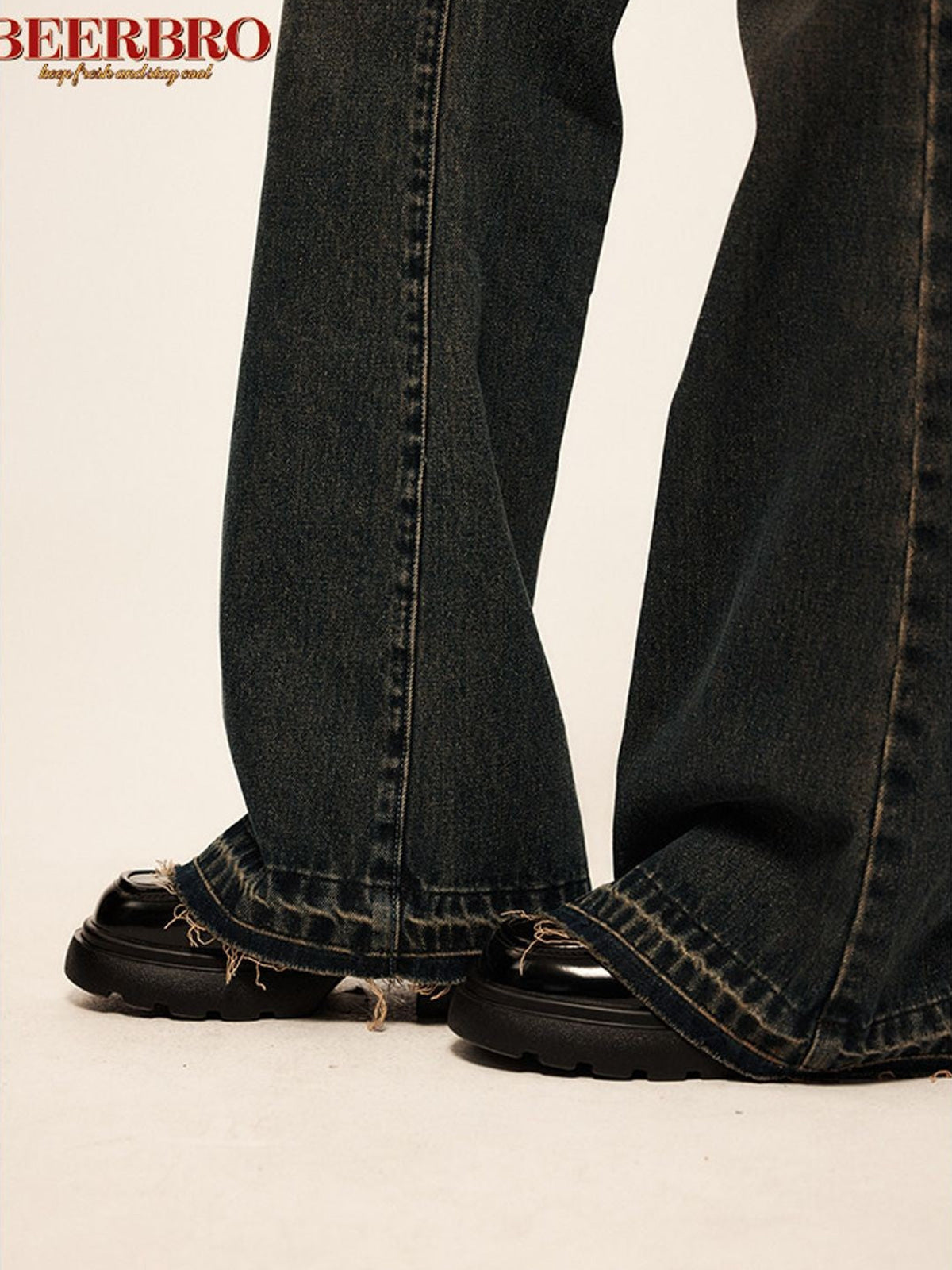 BeerBro Low Rise Raw Hem Micro Flare Jeans in Navy Blue - On Model