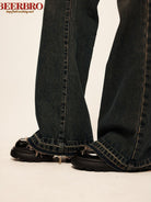 BeerBro Low Rise Raw Hem Micro Flare Jeans in Navy Blue - On Model
