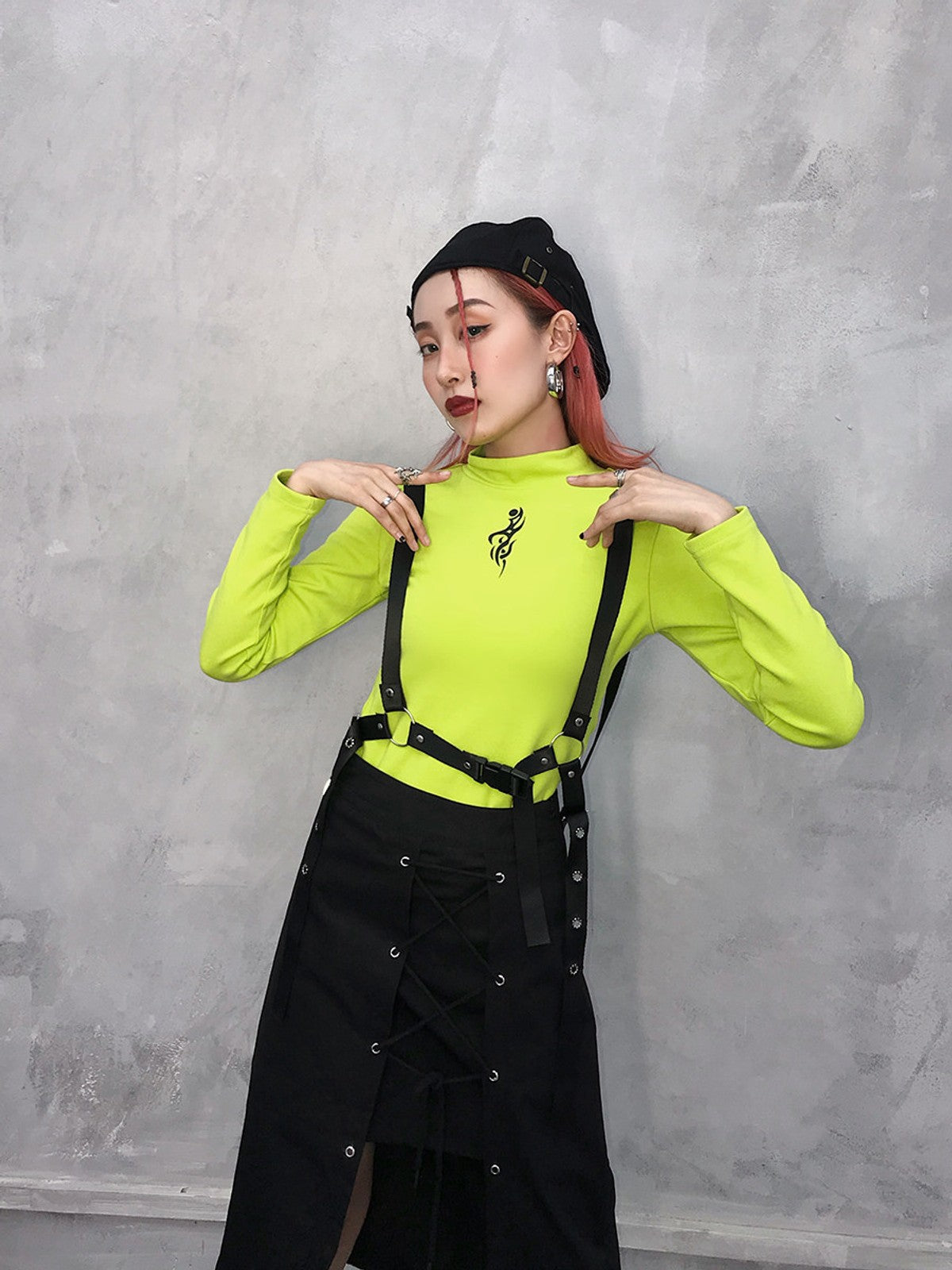 BEERBRO Mock Neck Graphic Long Sleeve Tee in Green - On Female Model