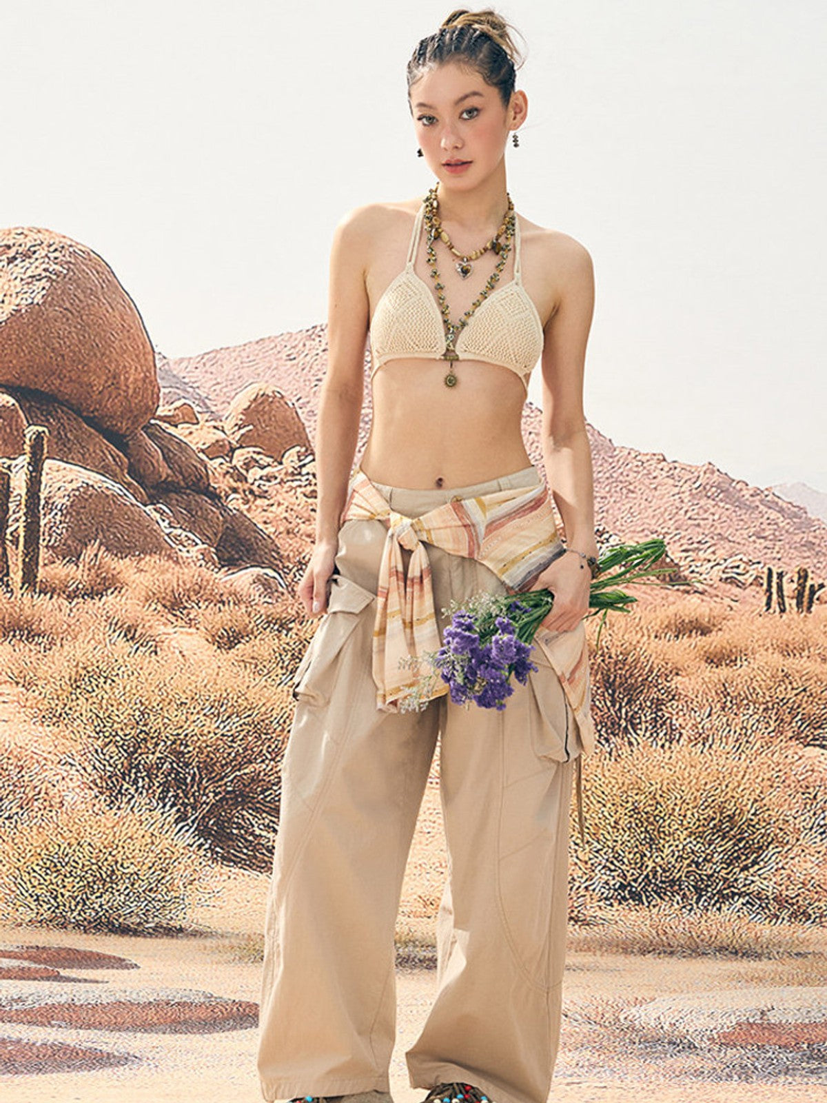 BEERBRO Washed Cotton Safari Cargo Pants in Beige - On Female Model