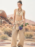 BEERBRO Washed Cotton Safari Cargo Pants in Beige - On Female Model