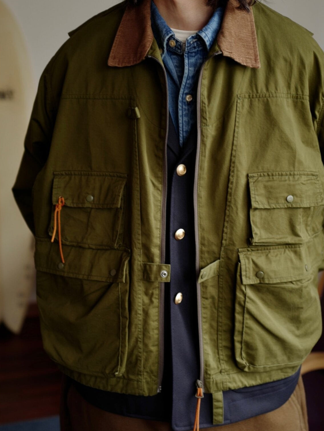 USAGE Corduroy Collar Cotton Fishing Jacket in Olive - On Male Model