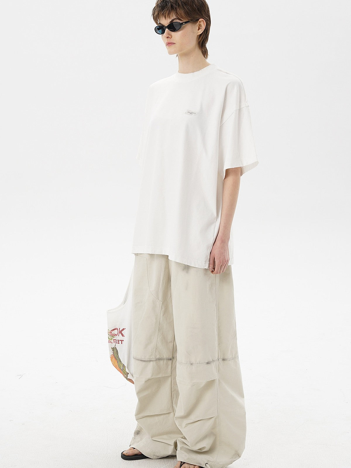 MASONPRINCE Exposed Seam Tape Print T Shirt in White - On Female Model