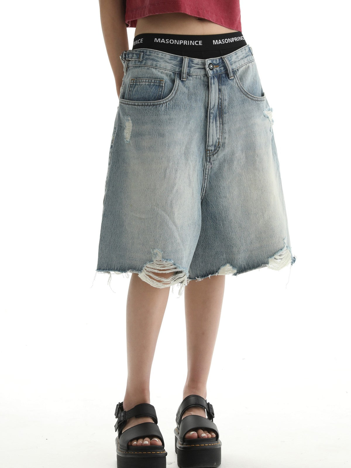 MASONPRINCE Light Wash Raw Hem Denim Shorts in Blue - On Model