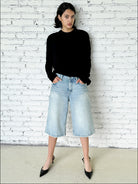 FaxCopyExpress Washed Gardener Denim Shorts in Blue - On Female Model