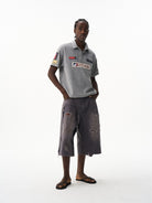 BLINDNOPLAN Waffle Knit Patch Polo Shirt in Gray - On Male Model