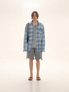 MASONPRINCE Long Sleeve Plaid Cotton Shirt in Light Blue - On Male Model