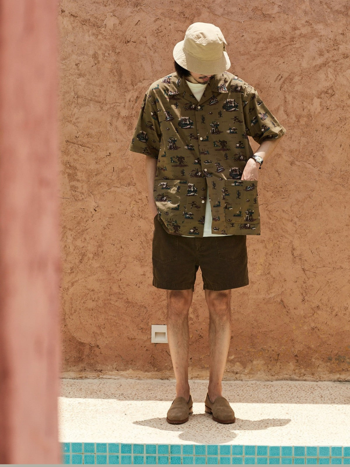 USAGE Cowboy Print Cotton Hawaiian Shirt in Beige - On Male Model