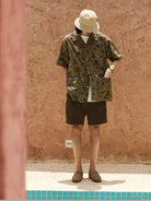 USAGE Cowboy Print Cotton Hawaiian Shirt in Beige - On Male Model
