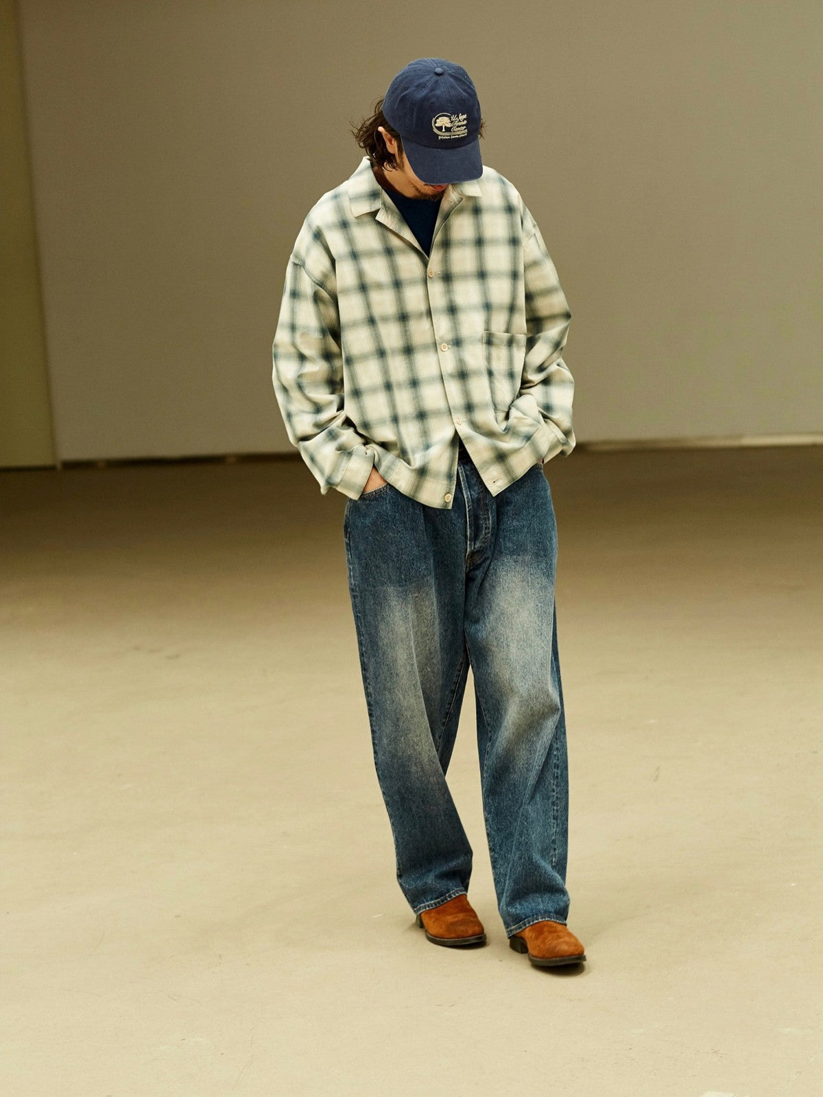 USAGE Gradient Plaid Cotton Blouson in Off-White - On Male Model
