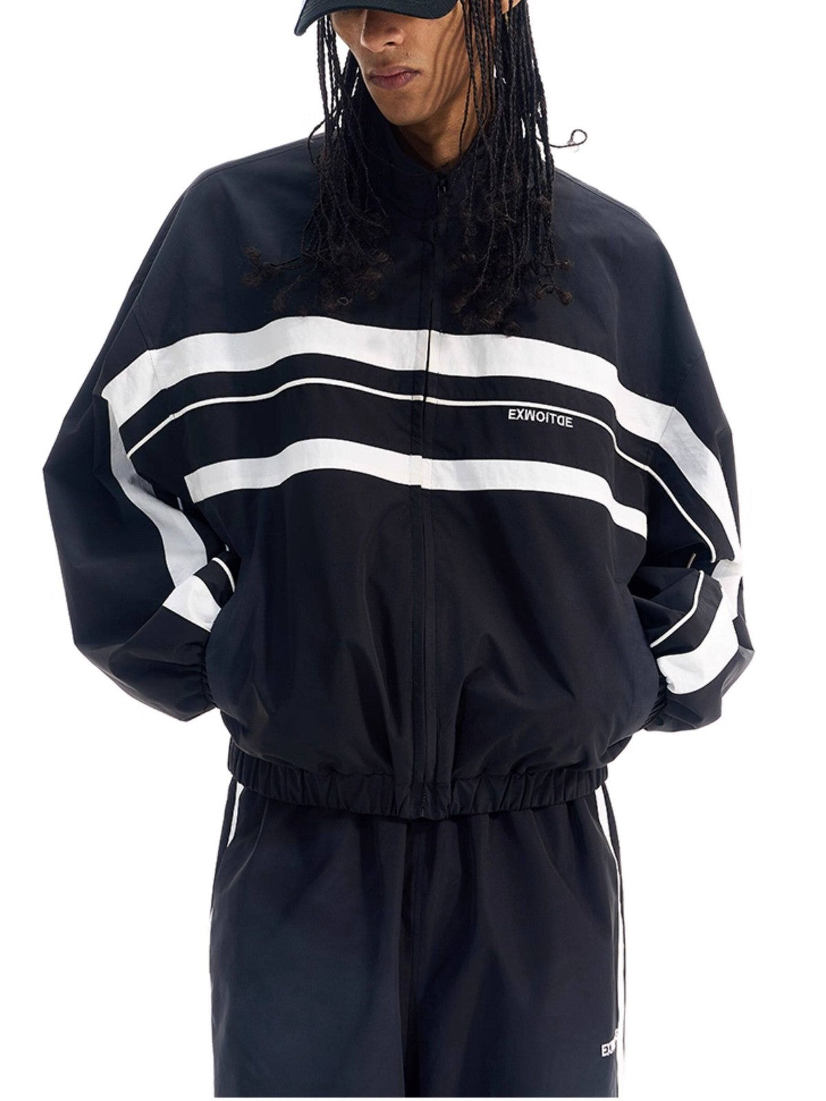BLINDNOPLAN Color Blocked Zip Up Track Jacket in Black - On Male Model