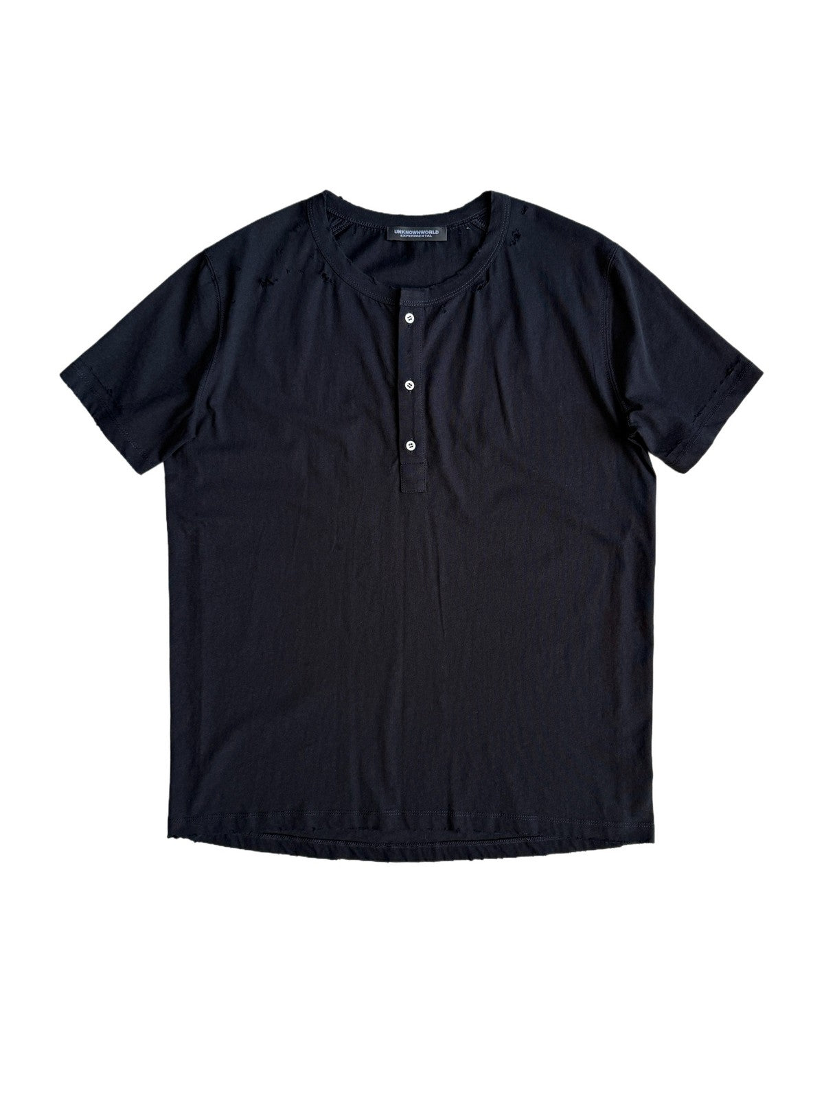 UNKNOWNWORLD Distressed Cotton Henley T Shirt in Black