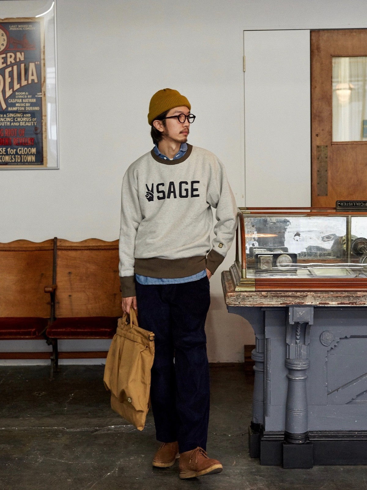 USAGE Graphic Two Tone Cotton Sweatshirt in Gray - On Male Model