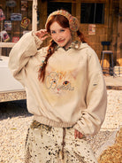 BEERBRO Distressed Cat Graphic Hoodie in Cream - On Female Model