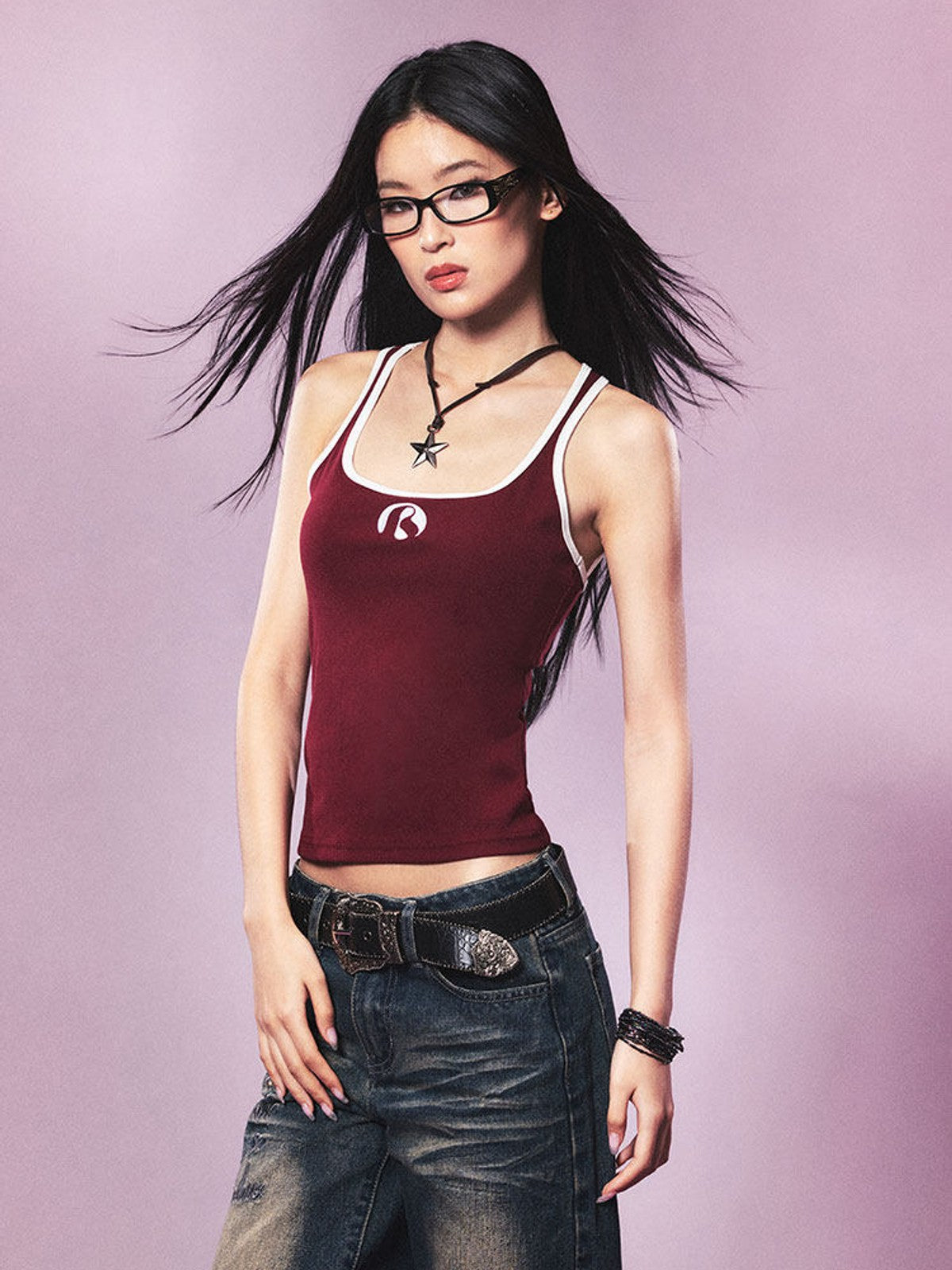 BEERBRO Contrast Trim U Neck Tank in Burgundy - On Female Model
