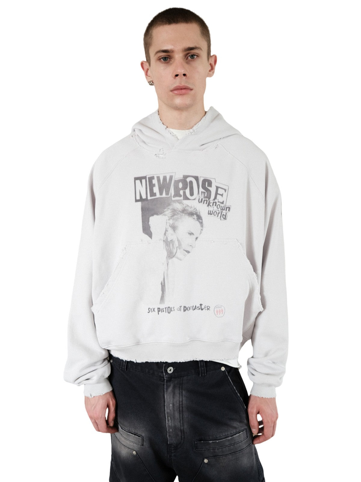 UNKNOWNWORLD Distressed Punk Print Hoodie in Gray - On Male Model