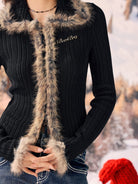 BEERBRO Faux Fur Trim Ribbed Cardigan in Black - On Female Model