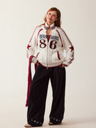 BEERBRO Varsity Patch Zip Up Cardigan in Off-White - On Female Model