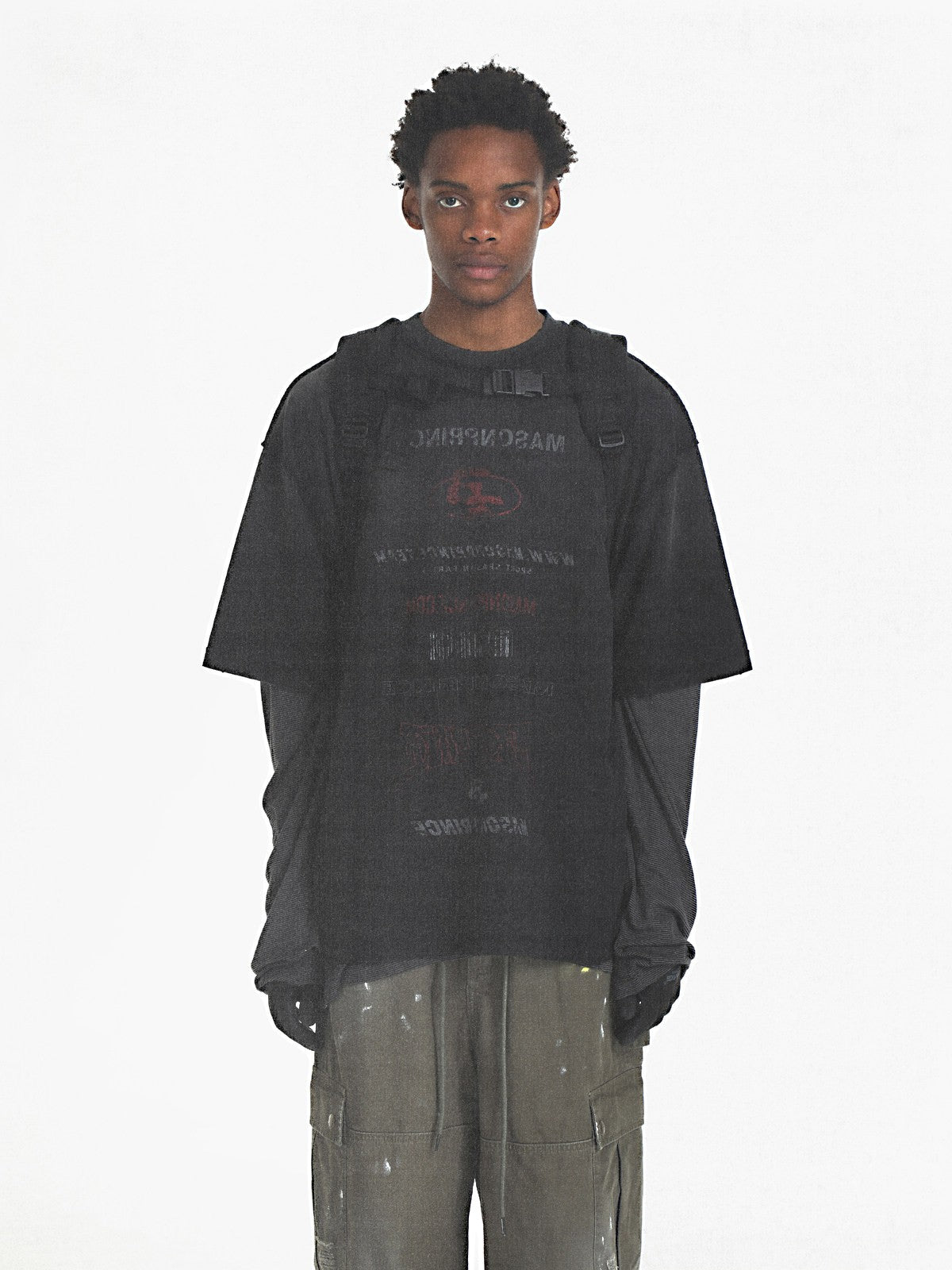 MASONPRINCE Distressed Typographic Cotton T Shirt in Black - On Male Model