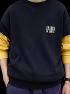 USAGE Raw Edge Cotton Short Sleeve Sweatshirt in Navy Blue - On Male Model
