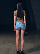 SMFK Silk Blend Short Sleeve Crop Top in Brown - On Female Model