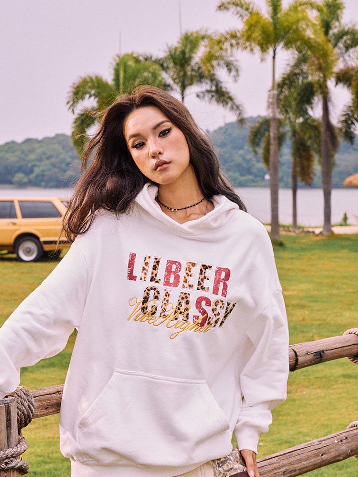 BEERBRO Heavyweight Graphic Print Hoodie in White - On Female Model