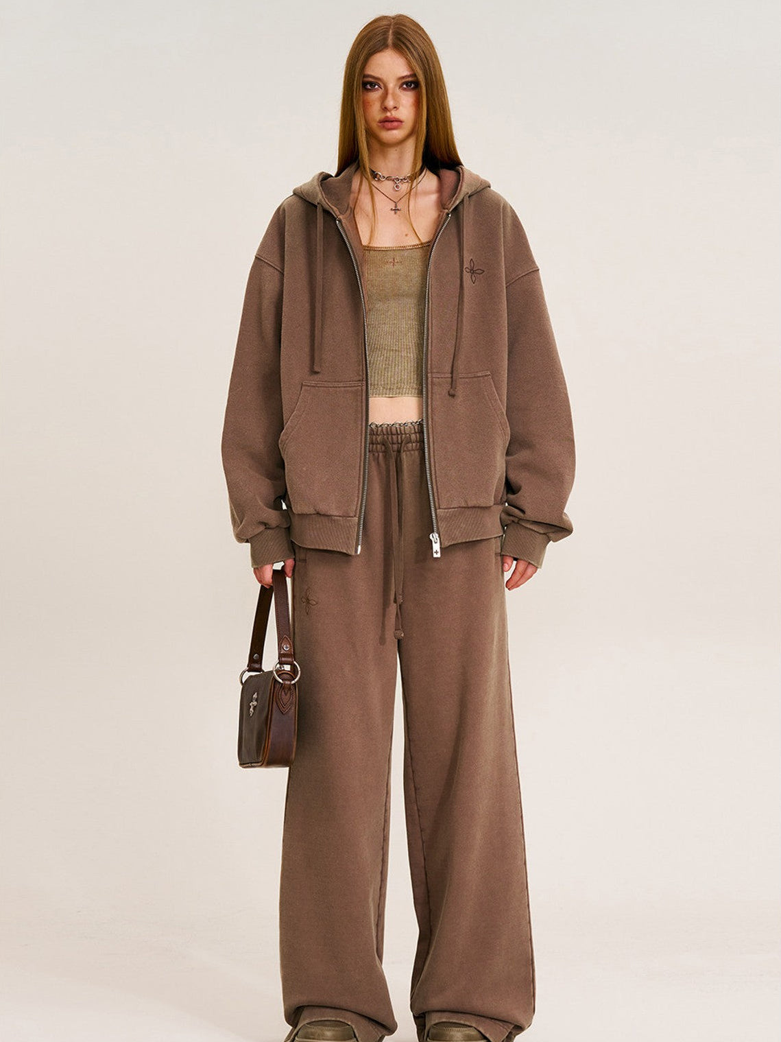 SMFK Cross Embroidered Cotton Zip Up Hoodie in Brown - On Female Model
