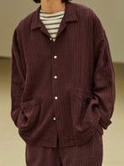 USAGE Textured Cotton Ramie Work Shirt in Purple - On Male Model