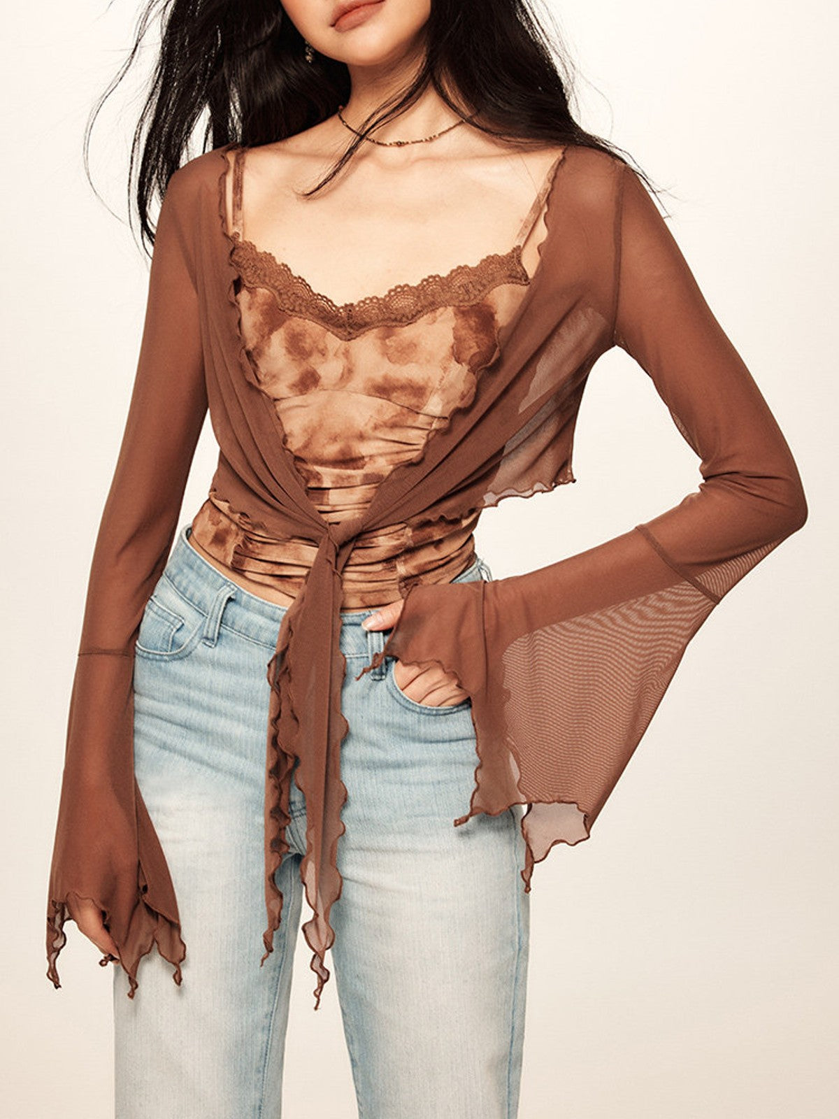 BEERBRO Sheer Mesh Tie Front Top in Brown - On Female Model
