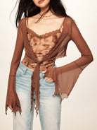 BEERBRO Sheer Mesh Tie Front Top in Brown - On Female Model