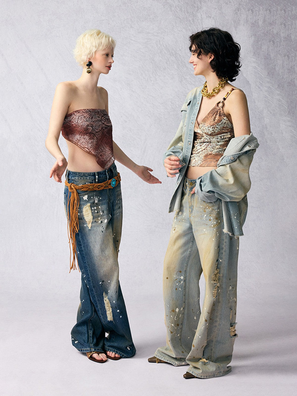 BEERBRO Beaded Strap Printed Camisole in Khaki - On Female Model