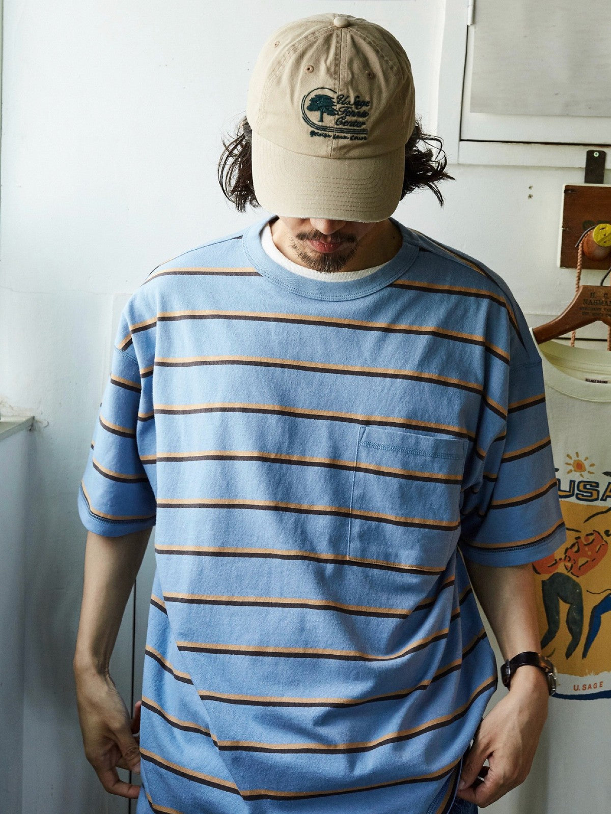 USAGE Retro Striped Cotton T Shirt in Blue - On Male Model