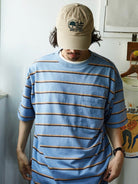 USAGE Retro Striped Cotton T Shirt in Blue - On Male Model