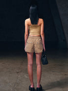 SMFK Lightweight Drawstring Track Shorts in Beige - On Female Model