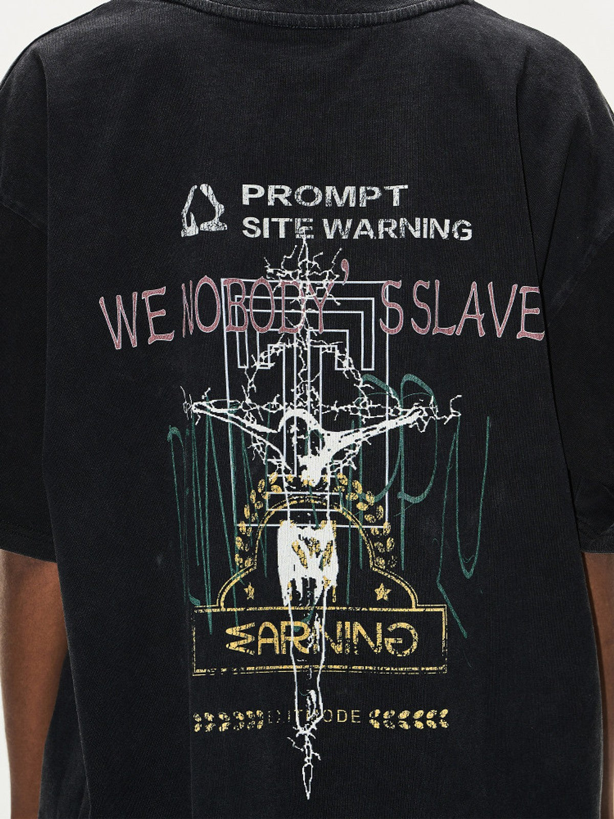 BLINDNOPLAN Distressed Overlapping Graphic T Shirt in Black - On Model