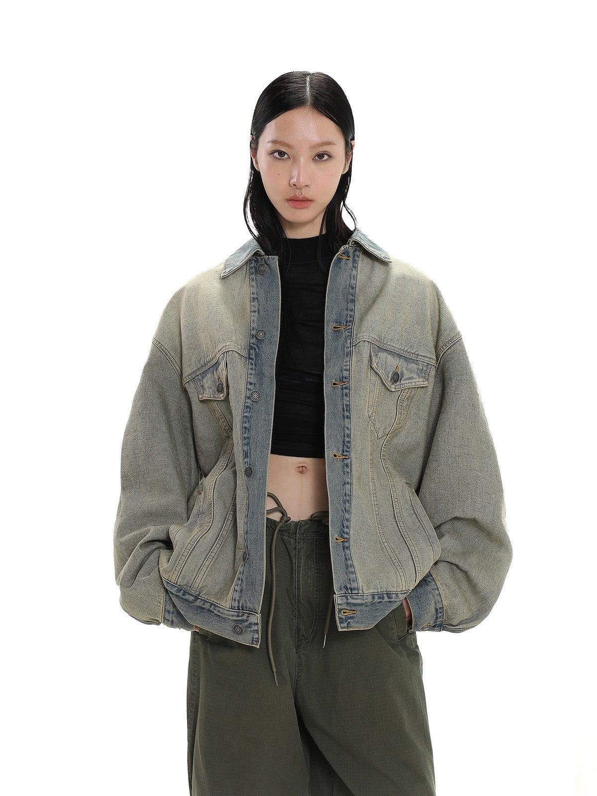 MASONPRINCE Reverse Detail Washed Denim Jacket in Denim - On Female Model