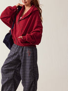 BeerBro Studded Zip Up Cropped Hoodie in Red - On Female Model