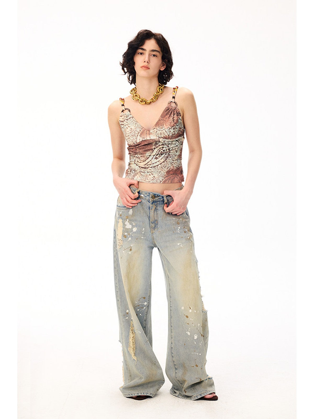 BEERBRO Beaded Strap Printed Camisole in Khaki - On Female Model