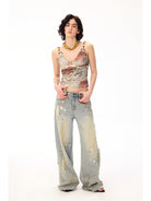 BEERBRO Beaded Strap Printed Camisole in Khaki - On Female Model
