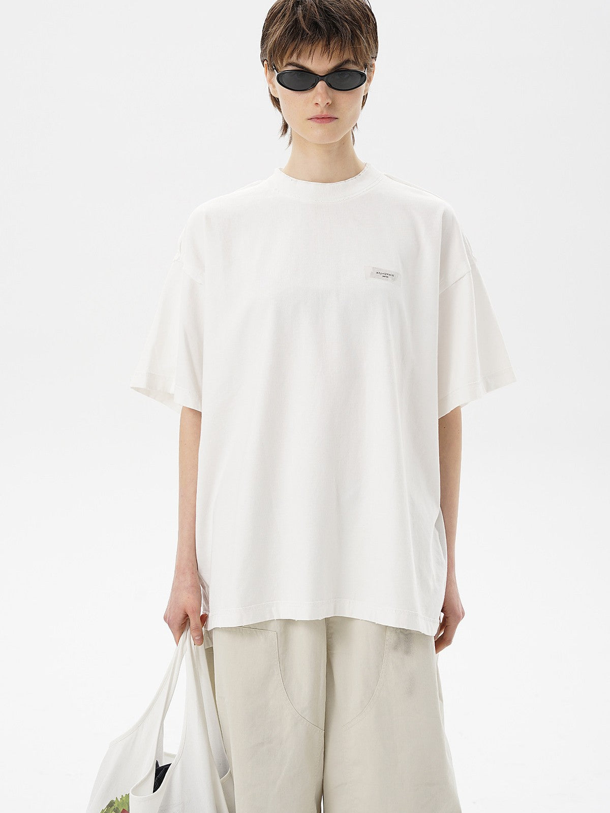 MASONPRINCE Exposed Seam Tape Print T Shirt in White - On Female Model