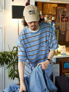 USAGE Retro Striped Cotton T Shirt in Blue - On Male Model