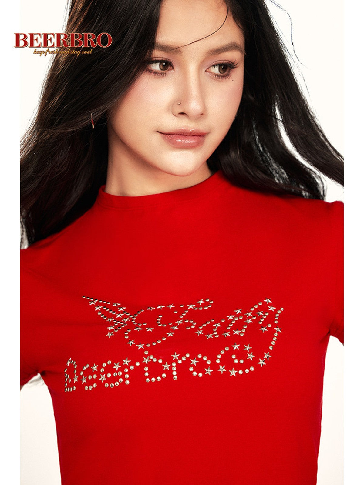 BEERBRO Studded Graphic Mock Neck Tee in Red - On Female Model