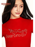 BEERBRO Studded Graphic Mock Neck Tee in Red - On Female Model
