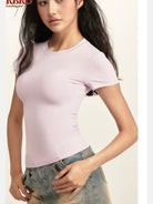BeerBro Slim Fit Stretch Crewneck Tee in Lavender - On Female Model