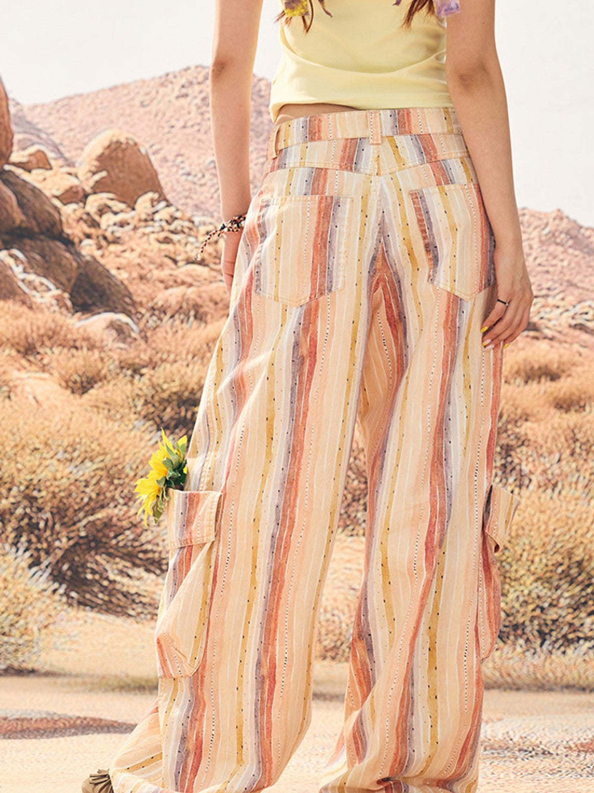 BEERBRO Washed Cotton Striped Cargo Pants in Pink - On Female Model