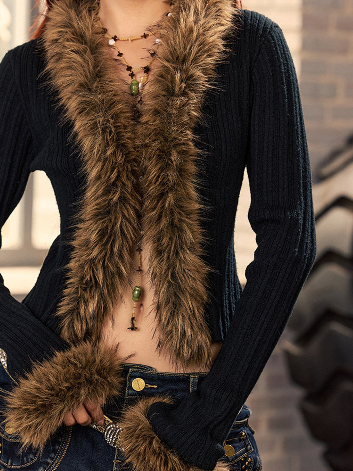 BEERBRO Faux Fur Trim Ribbed Cardigan in Black - On Female Model